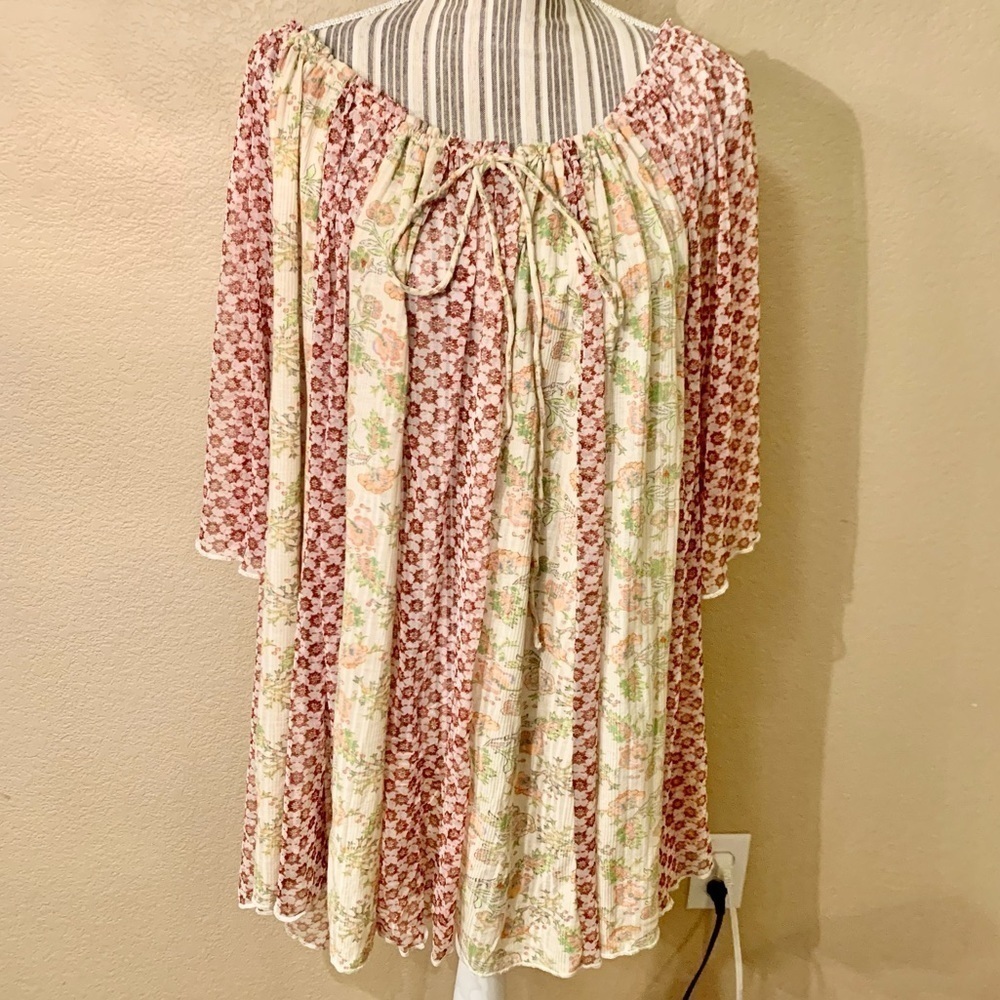 Free People Tunic Top XS Oversized Sheer Mesh Floral Panel Boho Cottagecore